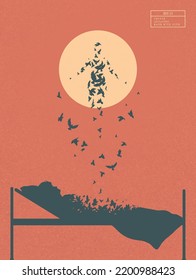 Old woman in bed and flying birds. Death and afterlife. Human soul
