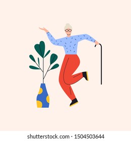 Old Woman Behaviors Like A Child And Jumping. Elderly Person Performing Clingy Or Childlike Behavior. Flat Vector Illustration