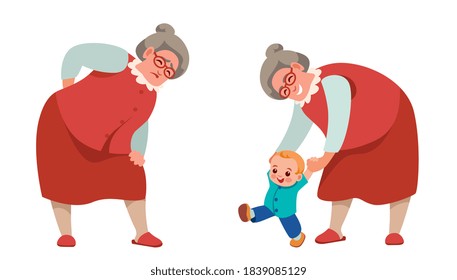 old woman bent over, holds her lower back with her hand, her back hurts, sciatica. Grandmother is healthy, teaches little grandson to walk, take first steps