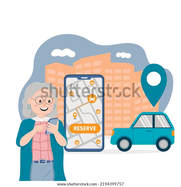 old woman books a car in a car sharing\
application against the backdrop of city skyscrapers, a large\
smartphone with a map of the location of free\
cars.