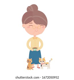 Old woman with bowl of food and kittens o n ground. Cartoon vector illustration