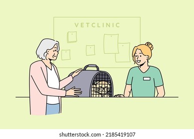 Old woman bring pet to vet clinic. Mature female take cat in cage to veterinary hospital. Domestic animals care. Vector illustration. 