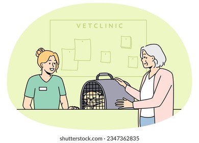 Old woman bring pet to vet clinic. Mature female take cat in cage to veterinary hospital. Domestic animals care. Vector illustration.