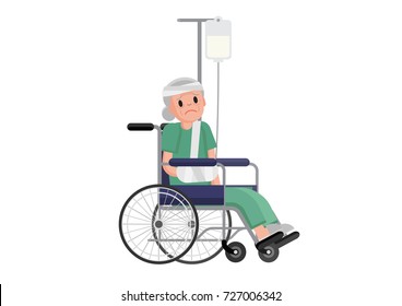Old woman with broken leg sitting in the wheelchair. grandmother in a wheelchair with broken bone. vector flat design illustration. isolated on white background.