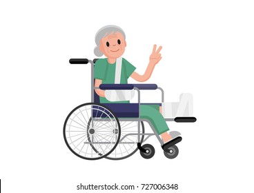 Old woman with broken leg sitting in the wheelchair. grandmother in a wheel...