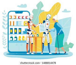 Old Woman Buying Medications. Robotic Artificial Intelligence Serving Elderly Lady. Smart Pharmacy. Mobile Online Store Application for Medical Product Purchase. Vector Flat Cartoon Illustration