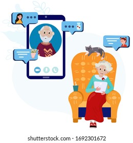 Old woman is calling old man from home. Aged couple has video conference using cellphone. Elderly friends stay home and have online communication using tablet and remember their life and share news.