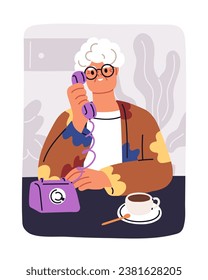 Old woman calling, talking on retro landline phone. Senior elderly lady, grandmother speaking, chatting, holding receiver handset, desk telephone. Grandma, granny chatting. Flat vector illustration