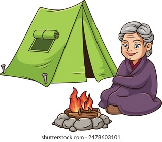 Old woman camping vector illustration