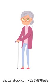 Old woman with cane flat vector illustration. Lonely lady cartoon character. Aged gray hair dame with wrinkles. Elderly care, nursing home isolated design element.