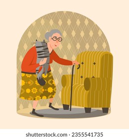 Old woman with cane holding cat and going to sit in chair. Lady spending time with pet at home. Time of retirement concept. Vector flat illustration in green colors in cartoon style