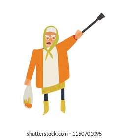 Old woman with cane in rubber boots and coat with angry dissatisfied face emotion. Elderly senior female character, grandmother with unhappy face. Vector flat illustration