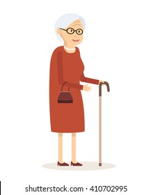 Old woman with cane. Senior lady with glasses walking. Vector illustration. Flat style. Elderly woman, old lady, grandmother, old woman face, senior, retired, old woman portrait, old woman smile
