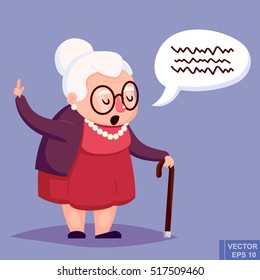 Old woman with cane. Senior lady with glasses talking. Vector illustration.
