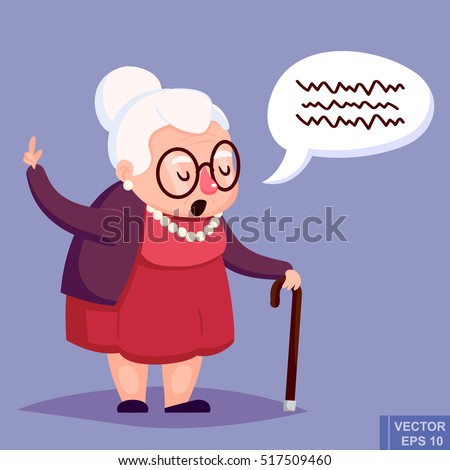 Old woman with cane. Senior lady with glasses talking. Vector illustration.