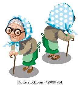 An old woman with a cane. Vector illustration.