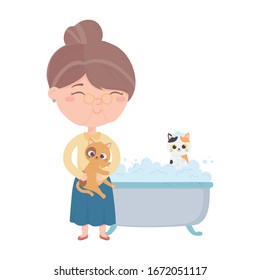 Old woman carrying cat and kitten in bathtub vector illustration
