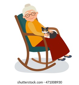 Old woman with cat in her rocking chair. Vector illustration