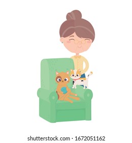 Old woman with cat playing with ball of wool on sofa. vector illustration