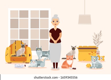 Old Woman With Cats Vector Illustration, Elderly Female Cartoon Character With Crazy Kittens As Pet Animals At Home. Torn Armchair And Ripped By Kitty Box. Food, Teddy Bear And Bottle On The Floor.