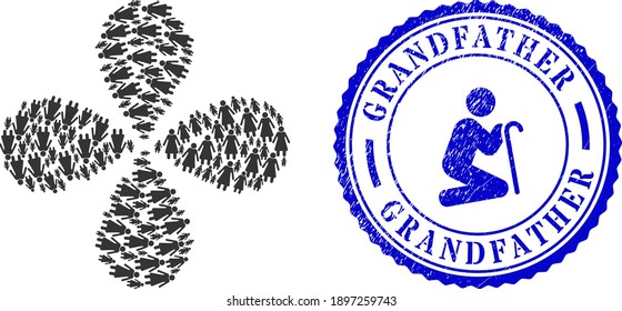 Old woman centrifugal flower with four petals, and blue round GRANDFATHER dirty watermark with icon inside. Element whirlpool organized from oriented old woman symbols.
