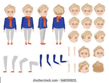 Old Woman Character Creation Set. Icons With Different Types Of Faces And Hair Style, Emotions,  Front, Rear, Side View Of Female Person. Moving Arms, Legs. Vector Illustration