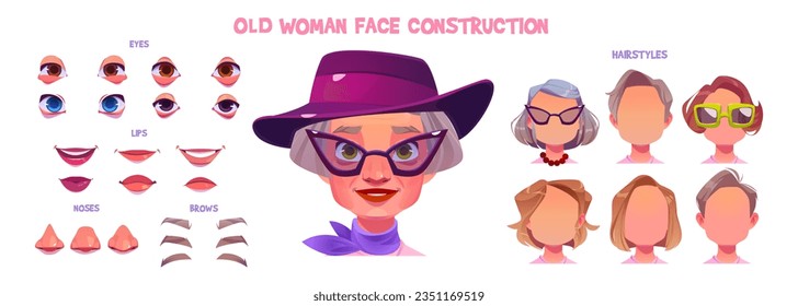 Old woman character face construction cartoon vector set isolated on white background. Female senior, grandmother head with hairstyle, eyes, lips, nose and brows elements set for elder person