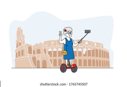 Old Woman Character Making Selfie on Smartphone Stand on Hoverboard at Coliseum. Elderly Lady Saving Life Moments Memory in Foreign Travel. Senior Tourist Traveling Abroad. Linear Vector Illustration