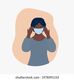 Old woman, character, pensioner, female image, face, woman in medical mask, cartoon style.  Isolated on a white background. Concept, minimalism, vector illustration 