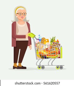 Old Woman Character With Shopping Food Cart. Vector Flat Cartoon Illustration