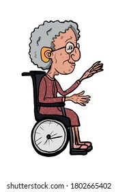  old woman characters sitting in a wheelchair line drawing