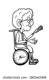  old woman characters sitting in a wheelchair line drawing