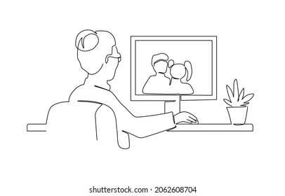 Old Woman Chatting with Her Grandkids Online. One line vector illustration. Grandmother use PC at home. Concept of elderly woman and computer