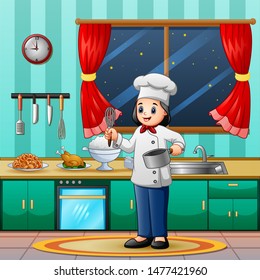 Old woman chef cooking in the kitchen