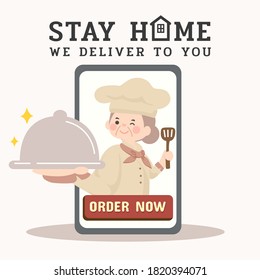 Old woman chef,online food delivery.grandma,granny,grandmom.Stay at home, We deliver to you.online business on smartphone,mobile app.order now banner.food served by cute chef.Vector illustion design.