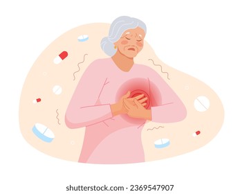 Dolor en el pecho de anciana. Cardiopatía o ataque pulmonar a ancianos, abuela con enfermedad cardiovascular, problema de cardiología, ambulancia para ancianas, dolor vectorial ilustración de enfermedad médica