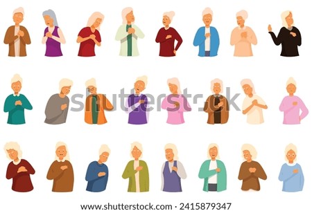 Old woman chest ache icons set cartoon vector. Female heart. Senior body