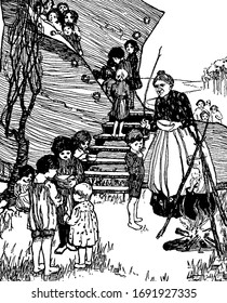 An old woman with child standing near fire of wood sticks, some children eating food from bowls, some children in a big shoe, vintage line drawing or engraving illustration