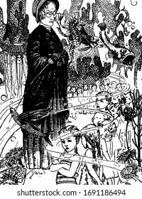 An old woman with children and fishes in the water, vintage line drawing or engraving illustration