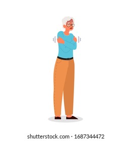 Old woman with a chill. Symptom of disease. Senior woman feel cold and shiver. Flu or cold. Vector illustration in cartoon style