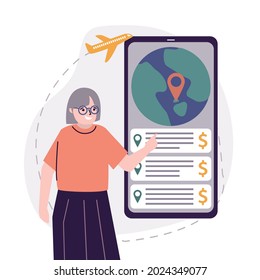 Old woman choose place to travel on phone screen. Elderly tourist searching country in mobile app for vacation. Concept of choosing summer recreation for older. Airplane travels. Vector illustration