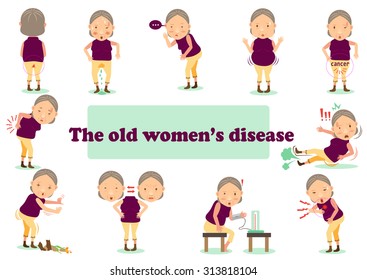 Old Woman With Chronic Illness With Her. Vector Cartoon Illustrations.