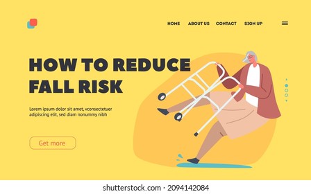 Old Woman Clumsiness, Injury Landing Page Template. Senior Female Character with Walking Frame Slip on Wet Floor or Puddle Falling Down on the Ground. Cartoon People Vector Illustration