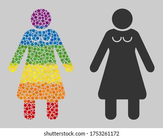 Old woman collage icon of circle spots in different sizes and spectrum color hues. A dotted LGBT-colored Old woman for lesbians, gays, bisexuals, and transgenders.