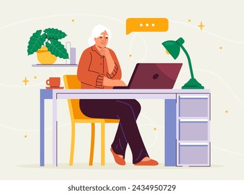 La anciana se comunica en línea. Abuela sentada en la mesa con el ordenador portátil. Videollamada y comunicación en redes sociales. Ilustración de vector plano de dibujos animados aislado sobre fondo amarillo