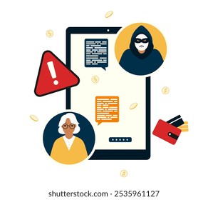 Old woman communicated to Online Scams. Telephone frauds. Concept of cyber crime, data hacking, theft. Vector flat illustration isolated on white background.