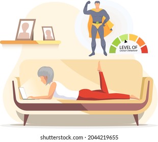 Old woman with computer lying on couch. Increasing level of gadget ownership. Elderly female character sitting at table with laptop. Senior lady dealing with technology, using gadget, freelancing