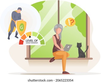 Old woman with computer sitting on windowsill with cat. Senior lady dealing with technology. Female character has difficulties, questions in work with laptop. Low level of gadget ownership concept