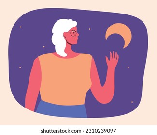 Old woman contemplates beauty in nature, concept with moon. flat vector stock illustration