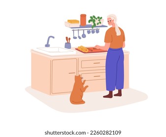 Old woman cooking at kitchen. Female character of senior age making homemade bakery, dish at home. Elderly person, grandmother cooks with cat. Flat vector illustration isolated on white background